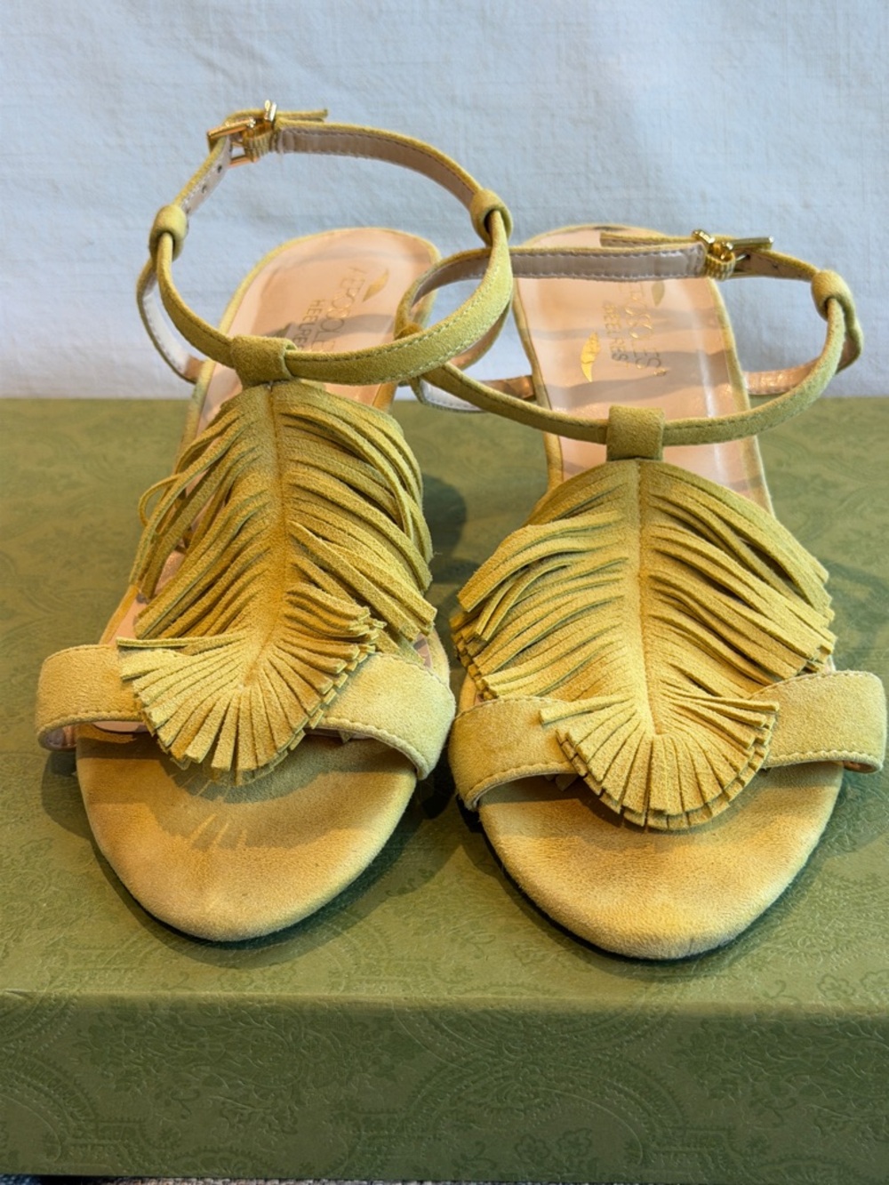 AEROSOLES Mustard Fringe Ankle-Strap Sandals